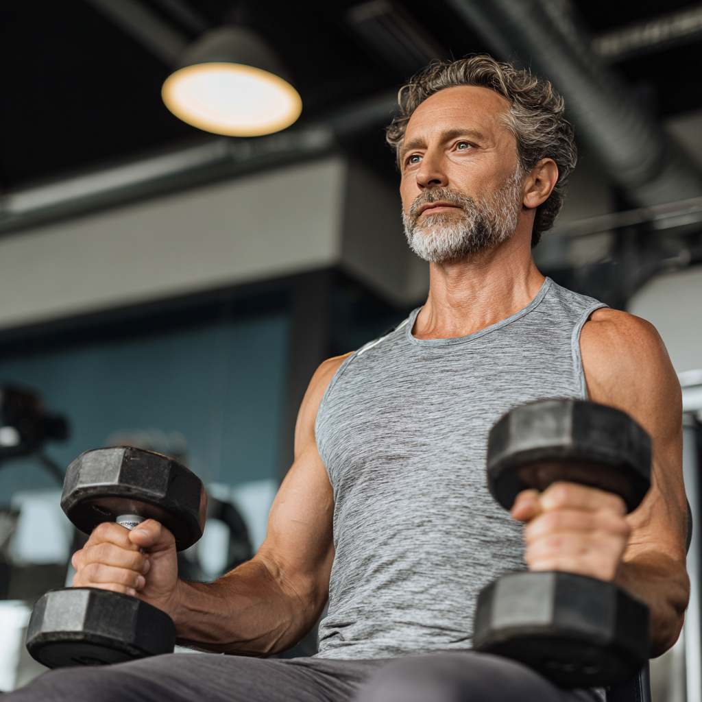 Чоловік 55 років виконує силові вправи з гантелями в сучасному тренажерному залі