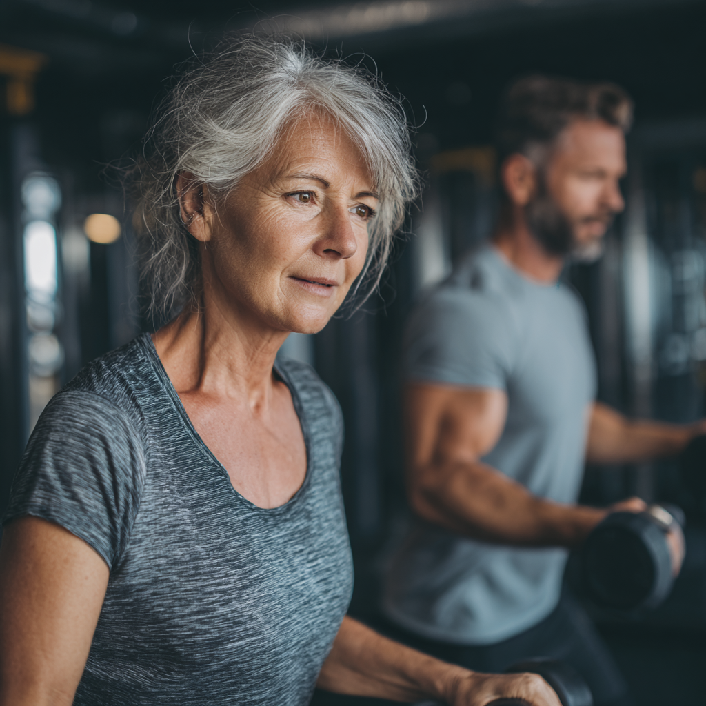 Жінка 58 років займається з персональним тренером в тренажерному залі